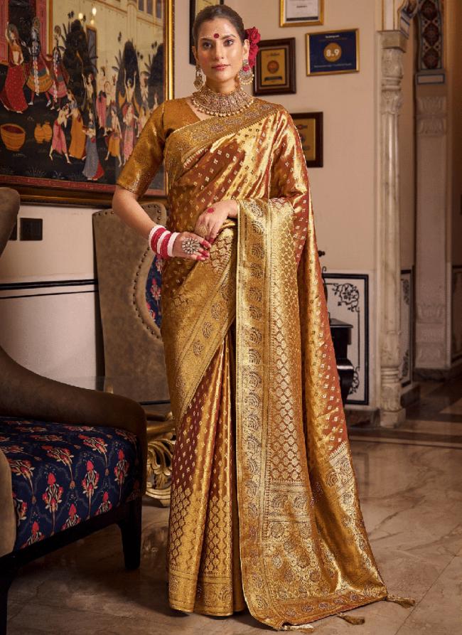 Tissue Silk Golden Yellow Wedding Wear Swaroski Work Saree